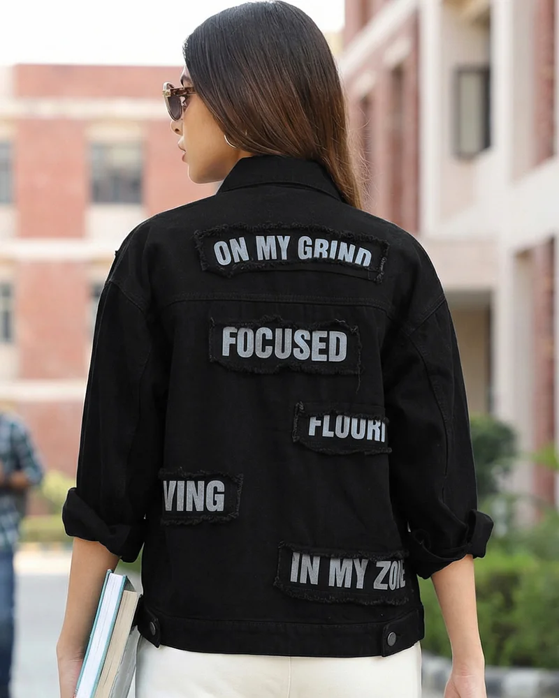 بيواكوف Women's Black Typography Denim Jacket